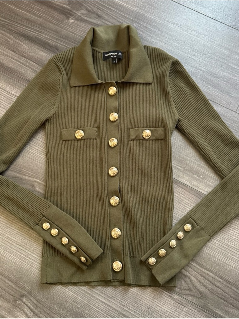Generation Love Olive Ribbed Button-Front Collared Cardigan - Picture 2 of 4
